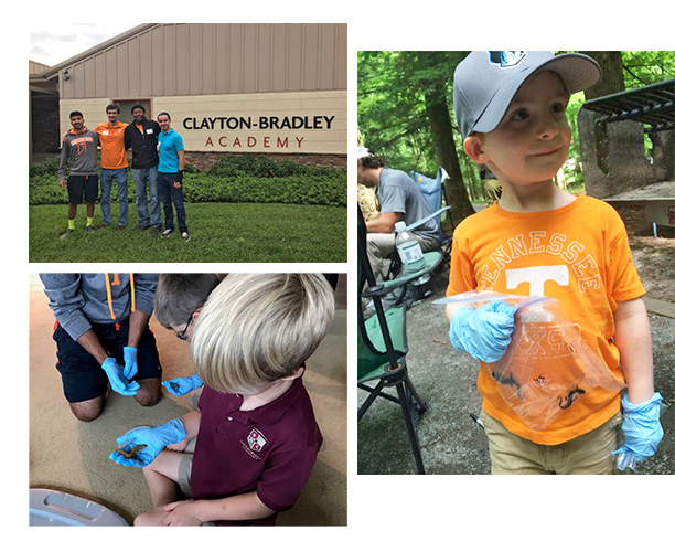 Collage of young STEM students holding salamanders and learning about the Bsal pathogen.